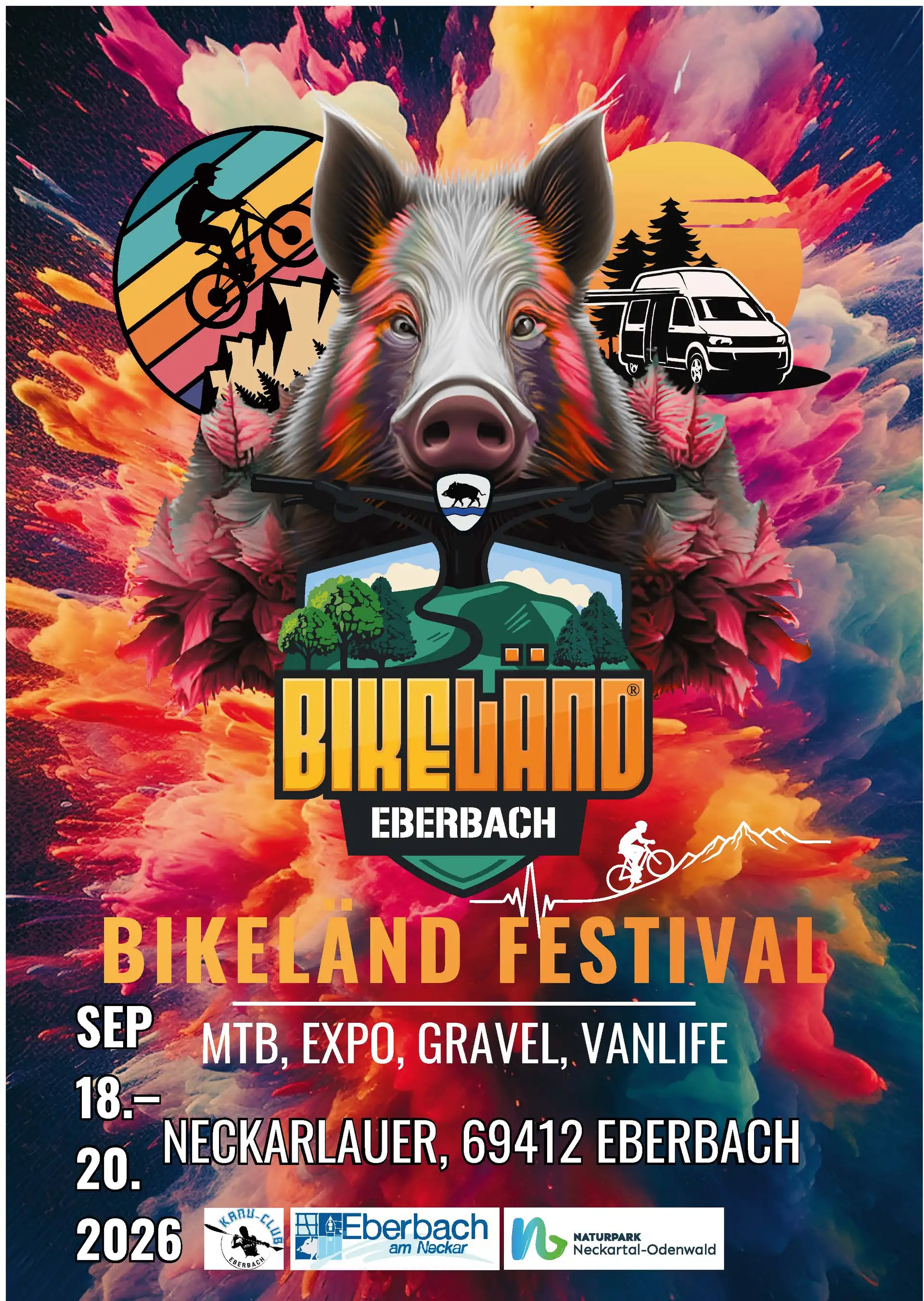 BIKELÄND FESTIVAL mit Angaben zu MTB, EXPO, GRAVEL und VANLIFE sowie Datum und Ort: 18.–20. September 2026, Neckarlauer, 69412 Eberbach