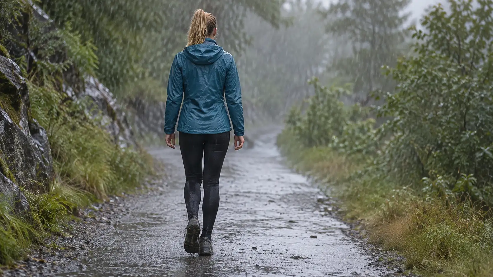 Junge erwachsene sportliche Frau in einer funktionalen Regenjacke von hinten