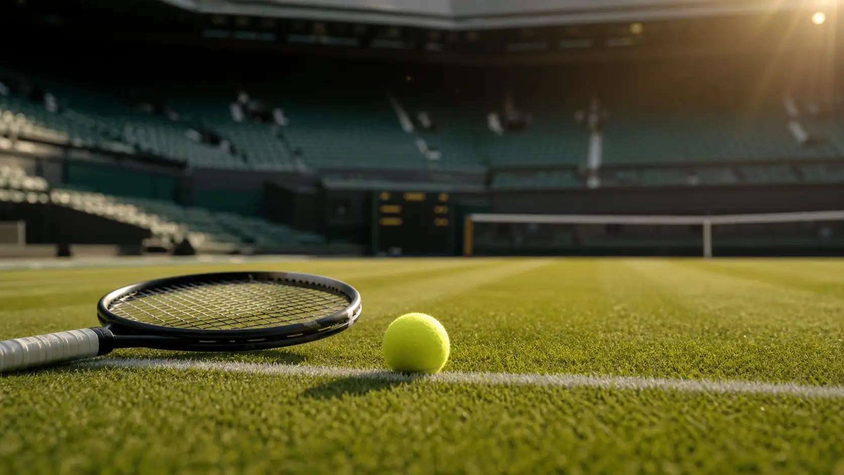 Symbolbild eines Rasen-Tennisplatzes mit Schläger und Ball