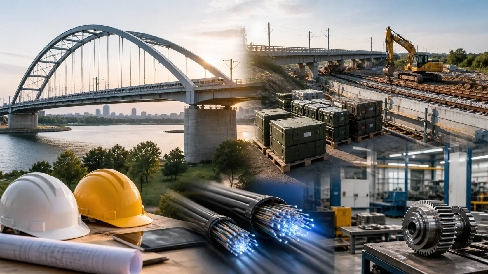 Symbolbild von Infrastrukturarbeiten, Helmen und Industriewerkstatt